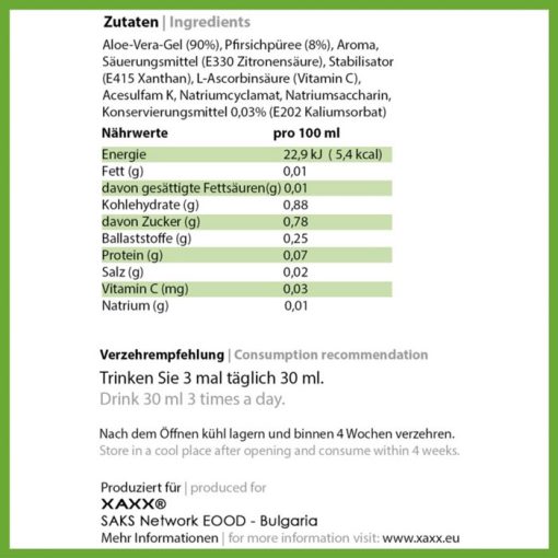 Aloe Vera Drinking Gel Peach und Vitamin C von XAXX Zutaten